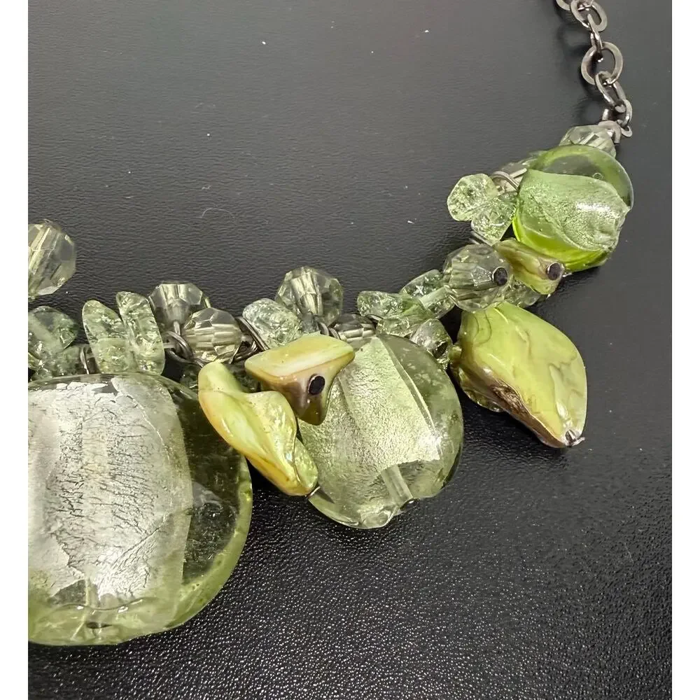 Green Mother of Pearl Glass Statement Necklace Gunmetal Adjustable 19-22”